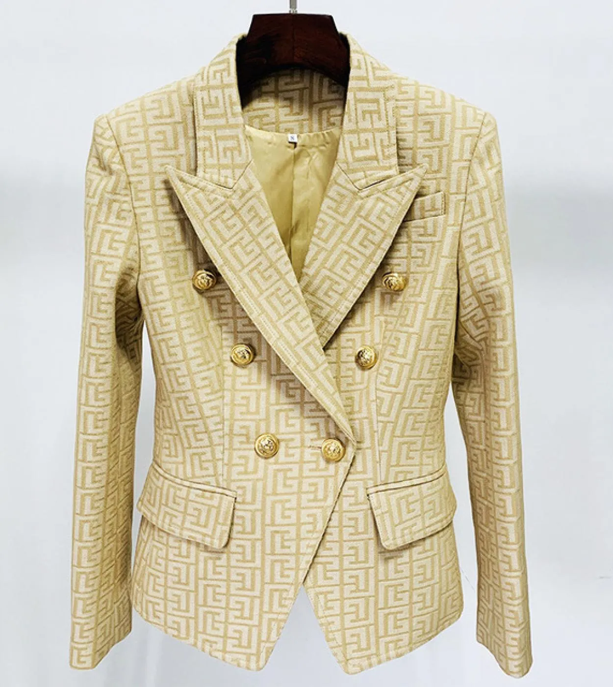 Blazer kaki rosa Giacca da donna in jacquard scozzese a labirinto doppio petto con bottoni a forma di leone doro Giacca da lavo