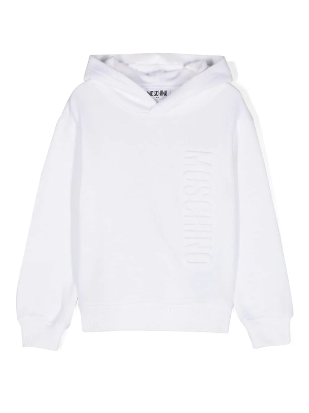 Felpa per bambino Moschino Kids bianco con cappuccio e logo goffrato sul davanti