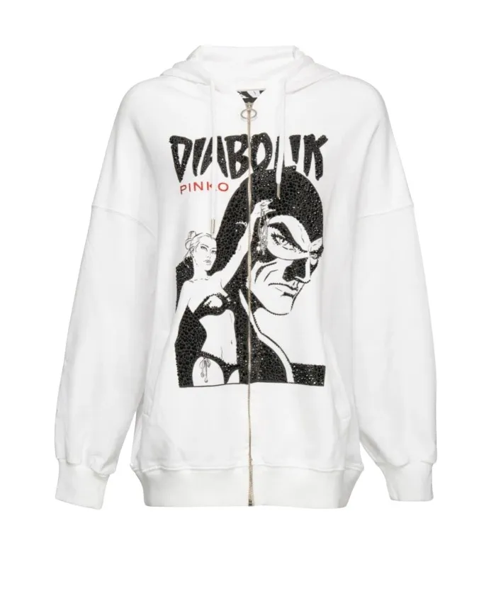 PINKO Felpa Donna 1L109C 8314 FIORELLA A-EE Cotone oversize stampa diabolik con zip Z04 BIANCO