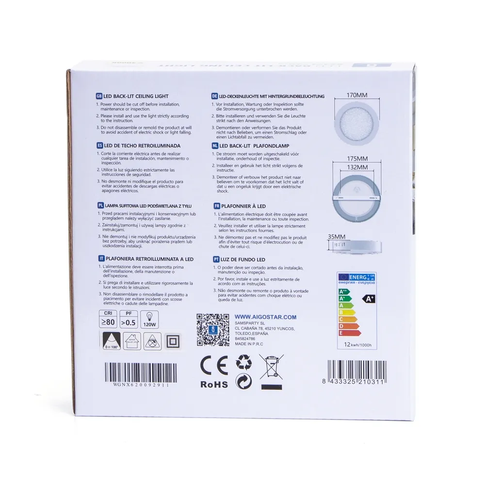 Plafoniera Led slim 12W Bianca Rotonda Bianco neutro 4000K Aigostar