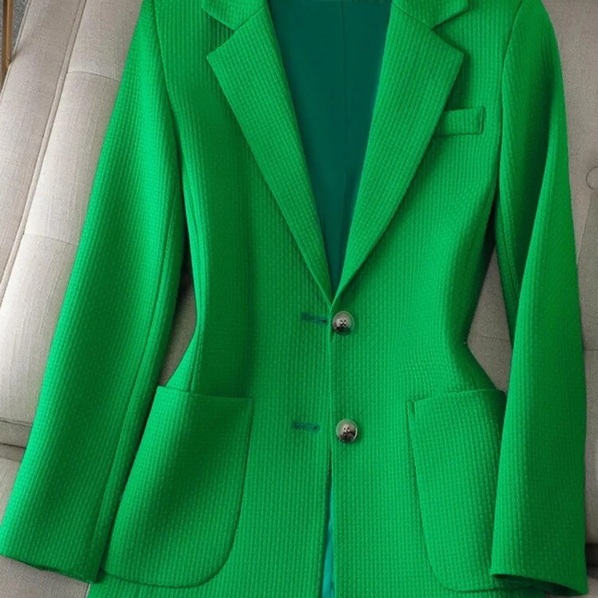 Xfpv Giacca da donna con temperamento a maniche lunghe monopetto con intaglio verde Giacca da temperamento alla moda Nuova marea